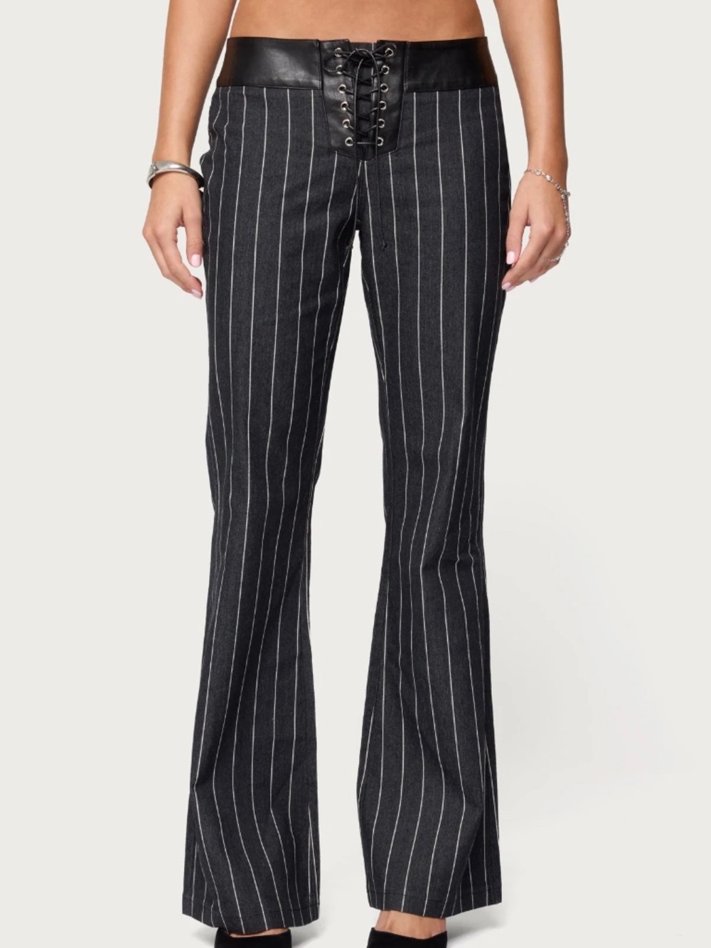 Edikted Pinstripe & Faux Leather Low Rise Flared Jeans - Size S